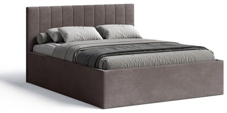 Meblofun Polsterbett Radius mit Kopfteil, 160x200 cm, Doppelbett mit Bettkasten und Lattenrost aus Holz, Velourstoff, Farbe: Braun