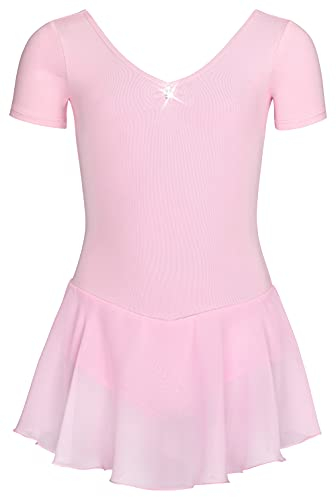 tanzmuster ® Ballettkleid Mädchen Kurzarm - Betty - aus Baumwolle mit Glitzersteinen und Chiffon Röckchen in rosa, Größe:140/146