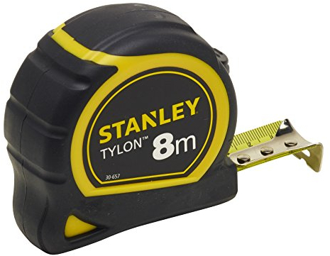 STANLEY Mètre 8 M X 25 mm Bi Matière Tylon - Boitier Ergonomique - Ruban en Acier Laqué - Crochet Deux Rivets - Position Du Zéro Réel - Blocage Du Ruban - Retour Automatique 0-30-657