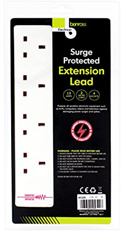 Benross 45320 4-Way Extension Cable / 2 Metre Extension Lead/Surge Protection/Ideal for Home, Office or Garden / 4 UK Plug Sockets / 240V AC, 13 Amps/White Colour Cable