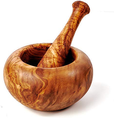 das Olivenholzbrett® Mörser und Stößel aus Olivenholz, Holzmörser rund ca.16cm