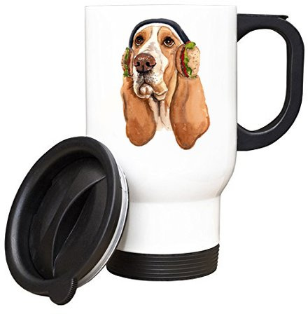 Hiros®Basset Hound Watercolor printed 14oz white ceramic travel mug,Hamburger Hound Warm hamburgers make perfect ear muffs.Dog Illustration,Ideal for dog lovers.