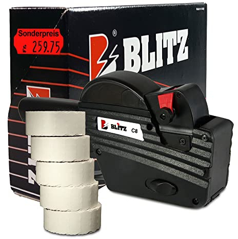 Preisauszeichner Set Blitz C8 inkl. 5 Rollen 26x12 Preisetiketten - leucht-rot permanent | Aufdruck: Sonderpreis | HUTNER