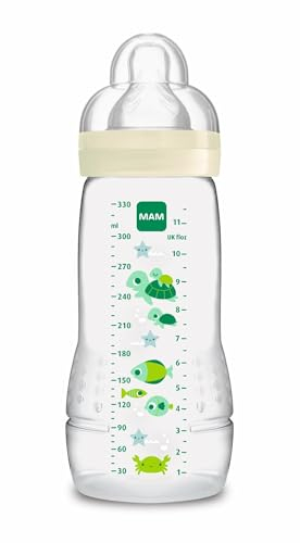 MAM Biberón, a partir de 4 Meses, 330 ml, con Tetina 3 de Flujo Rápido de Silicona de Fácil Aceptación, Fácil de Sostener, MAM Easy Active, Neutro Brillante, Pack de 1ud, El diseño puede variar