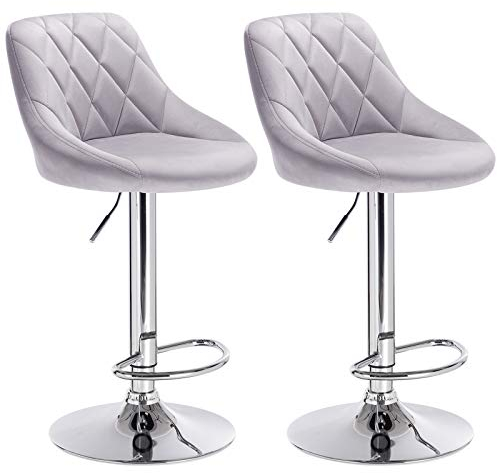 WOLTU Barhocker 2er Set, Hocker höhenverstellbar drehbar, gepolsterter Samtsitz, mit Rückenlehne Fußstütze, rutschfest, für Küche Hausbar, Hellgrau, BH138hgr-2