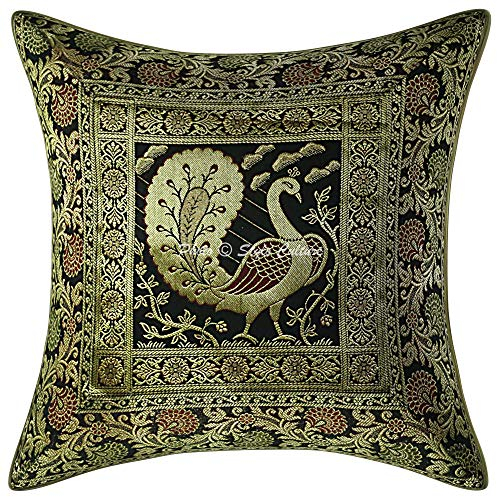 Stylo Culture Ethnicas Funda Almohadon Decorativos 40x40 cm Brocado De Seda Pavo Real Fundas para Almohadones Sofa Negro 16x16 Inch Jacquard Cuadrado Cremallera Funda Cojin Silla - 1 Pc
