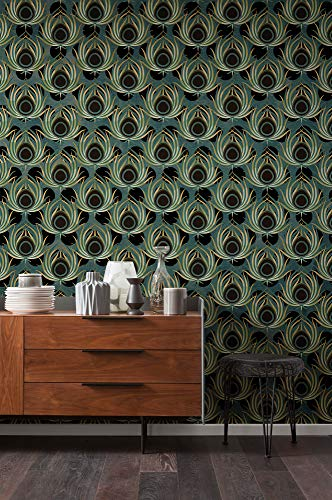 Komar Vlies Fototapete PAON VERT | Tapete, XXL, Dekoration, Jugendstil, Schlafzimmer, Wohnzimmer, Pfau, Feder - Größe 200 x 280 cm (Breite x Höhe) | HX4-034