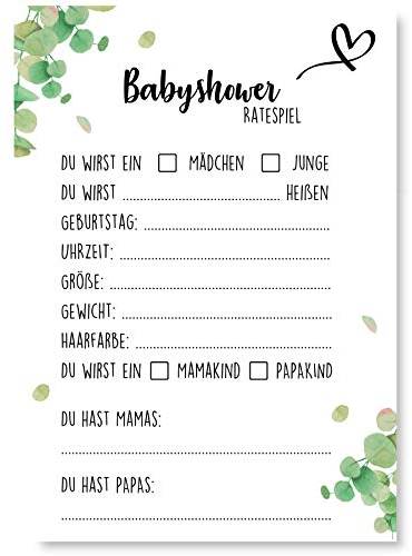 Gentle North Babyparty Spiele (25 Karten - beidseitig Bedruckt) - Deutsch - Babyshower Spiele für Junge und Mädchen - Deko Baby Shower Party Spiel - Grün