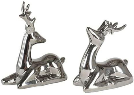 New Home Deko Hirsche 2er-Set Silber Keramik Weihnachtsdeko Tierfigur Dekofigur Tischdeko
