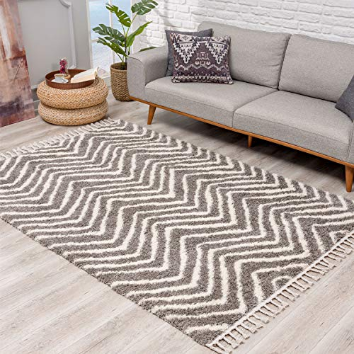 carpet city Teppich Hochflor Wohnzimmer - Ethno Chevron Design 140x200 cm Grau Creme - Teppiche mit Fransen