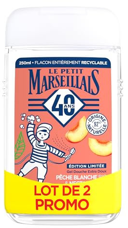 Le Petit Marseillais | Gel Douche Extra Doux Pêche Blanche Bio & Nectarine Bio (lot de 2 flacons de 250 ml) – 92 % d'ingrédients d'origine naturelle – Édition limitée 40 ans
