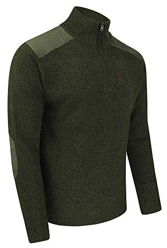Percussion Jagdpullover Troyer Herren Olivgrün mit Ellenbogen Patches und Schulterbesätzen (XL)