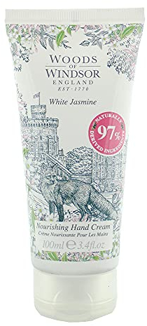 Woods of Windsor Handcreme, pflegende Jasmin-Handcreme für Männer und Frauen, feuchtigkeitsspendende Handcreme mit Vitamin E und Sheabutter, weißer Jasminduft, 100 ml