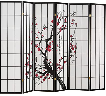 Homestyle4u Paravent Shoji 6 pièces en bois noir papier de riz blanc fleurs de cerisier
