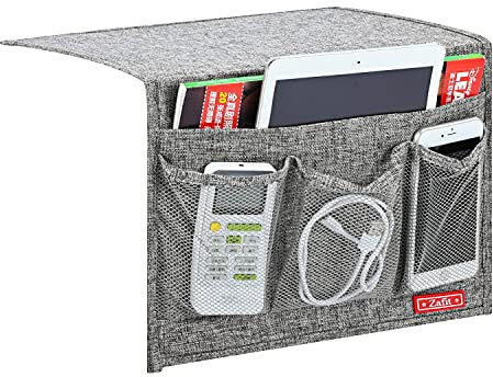 Zafit Nachttisch-Organizer mit 4 Taschen, Leinen, für Zeitschriften, Fernbedienungen, Handy (klassisch grau)