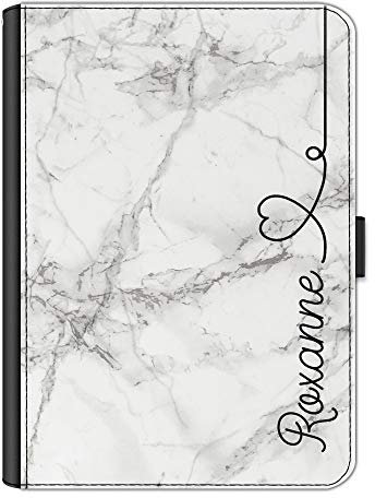 Personalised Initial Case For All Apple iPad Models 10, 9, 8, 7, 6, Air 11, Pro 12.9,13 inch, Mini, Grey Marble Print with Black Name Heart Line, 360 Swivel PU Leather Flip Wallet Folio Cover
