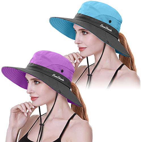 IYEBRAO 2 Stück Pferdeschwanz Sonnenhut Damen-UV Schutz Breite Krempe Sommerhut mit Nackenschnur-Sonnenschutzhut Strandhut Fischerhut Anglerhut Gartenhut Wanderhut Outdoor Hut (Violett+Blau, 2 Stück)
