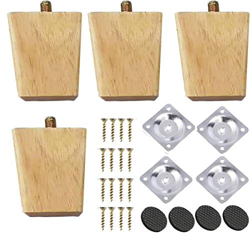 TAIANJI 4PCS Möbelbeine Holz 10cm Solides Quadrat Schrankfüsse Holz, Holzfüße für Möbel, Schrank Füße für Kommoden Couch Stuhl Ottomane Schrank Usw mit Schrauben und Montageplatten