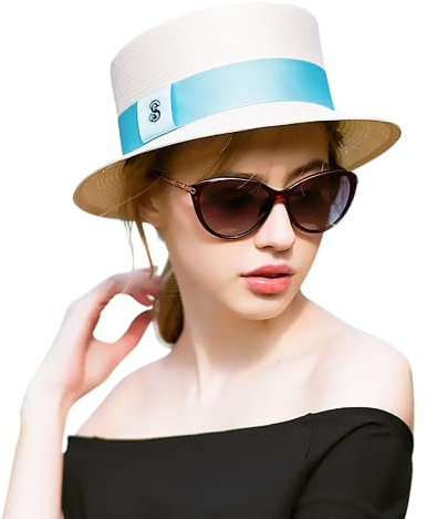 BOTOWI Damen Sonnenhut Bootsmütze mit Band, breiter Krempe UV-Schutz Strohhut UPF50+ Skimmer Strandhut, Kostümzubehör der 20er Jahre,Beige,One Size