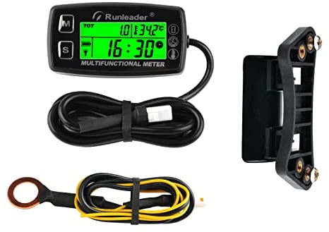 Runleader Digitaler Tachometer, Motortemperaturanzeige mit offizieller Universalhalterung, Drehzahl- und TEMP Warntongeber, hintergrundbeleuchtetes Display für Rasentraktoren Schneemobile (HM035A-M5)