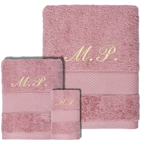 Juego de Toallas Personalizadas Bordadas – Toallas de baño con Nombre o Iniciales Bordado - Suaves y Absorbentes, 100% algodón (1 T.de Tocador+1 T.de Lavabo+1 T.de Baño Grande, Rosa Maquillaje)
