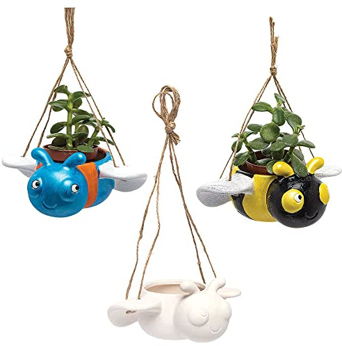 Baker Ross FC695 Bug Ceramic Hanging Flowerpots - Box of 3, Craft Kits for Kids, Plant Pot Painting, Ceramics Crafts