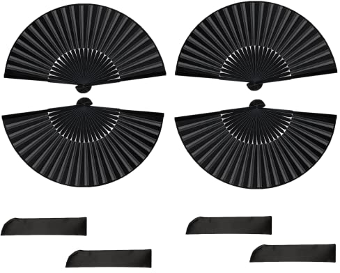 Dimoxii 4 Stück Schwarze Faltbare Handfächer, Elegante Chinesische Stofffächer als Taschenfächer oder Klappfächer, ideal für Sommer, Hochzeit, Party, Tanz, Fotografie & Wanddeko