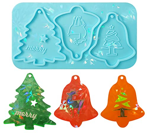 Souarts Weihnachten Resin Silikonform Epoxidharz Formen Silikon Holografisch Effekt DIY Gießform Harz Silikonformen für Weihnachtskugeln Schneeflocke Weihnachtsbaum Deko Anhänger(Blau Glocke)