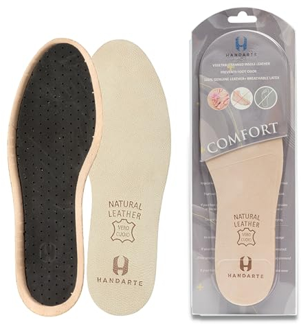 HANDARTE Leather Thin Insoles for Men | Dress Shoe Inserts | Anti Sweat & Odor Eater Soles - 100% Natural Goatskin & ChromeFree (Size UK 11 | EU46)