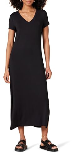 Amazon Essentials Women's Jersey V-Neck Short-Sleeved Midi-Length Dress, Black, L