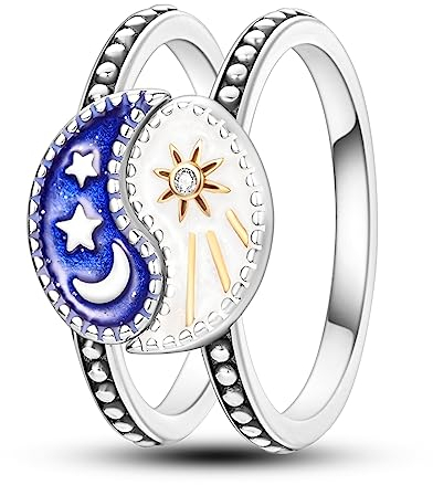NARMO Ringe für Frauen 925 Sterling Silber Mond Stern Sonne Kombination Finger Ring Stapelbar Cubic Zirkonia Ring Größe 60mm