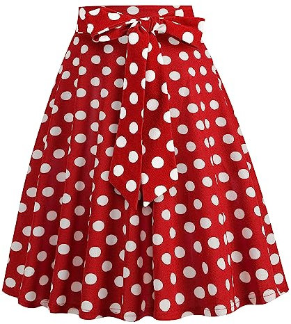 Damen 1950er Jahre Vintage Rock A Linie Faltenrock Hohe Taille Midirock Blumendruck Tellerrock Polka Dot Rockabilly Swing Rock mit G?rtel Knielang Partyrock Rot M