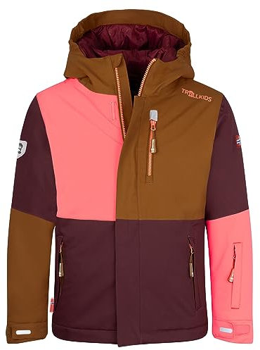 Trollkids Hallingdal Skijacke, Burgunderrot/Karamell-Braun/Lachsrosa, Größe 140