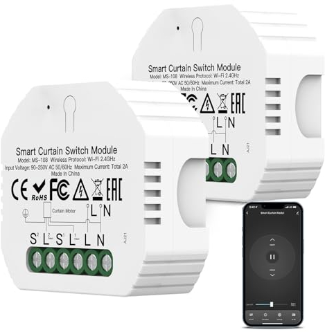 Interruptor Persianas WiFi, Módulo de Persianas Control por Porcentaje de APP y Voz Compatible con Alexa y Google Home, Relé de Persianas con Temporizador, para Motor Persiana Toldos Cortinas Tublar