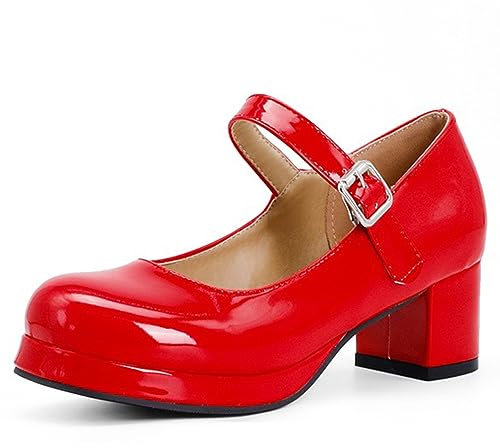 Frauen mittlere Absätze Lolita Schuhe Riemen Mary-Janes Schuhe Mädchen Heels Pumps Party Tanzschuhe Damen,Rot,44 EU