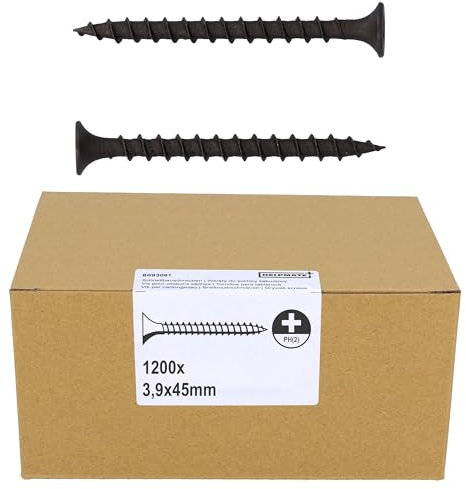 HELPMATE Vis placo à fixation rapide 3,9 × 45 mm Phosphatée PH2 1200 pièces à filetage grossier Bois, Vis a placo pour cloisons sèches, Tête en trompette, Profilés en U