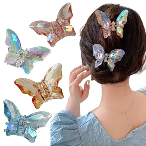 Ypkia Pinza para el pelo con diseño de mariposa, transparente, brillante, juego de pinzas para el pelo, tamaño mediano, acrílico, mariposa, para mujeres y niñas (4 unidades)