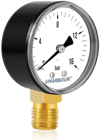UHARBOUR Manometer Wasser 0-16 Bar, Manometer 1/4 Zoll, Manometer Druckluft Untere Halterung, Druckluft Manometer 1/4 BSP-Messinganschluss