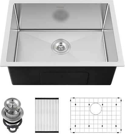 22-Inch Undermount Kitchen Sink, SINKVINE 22 x 18 Stainless Steel Bar Sink Single Bowl Outdoor, Handmade Laundry Basin with 3.5-inch Drain Strainer, Bottom Grid Protector, and Roll-up Drying Unit