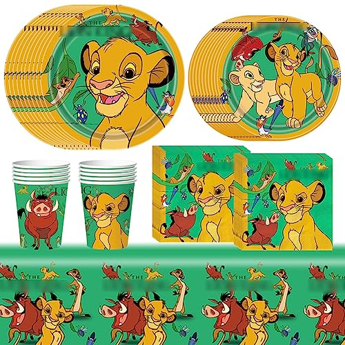 ZaMoux 51 Pièces Vaisselle Anniversaire Le Roi Lion, Décoration de Fête sur Le Thème du Roi Lion Jungle Animaux Ensemble de Vaisselle de Fête avec Plaques, Tasse et Autres Fournitures