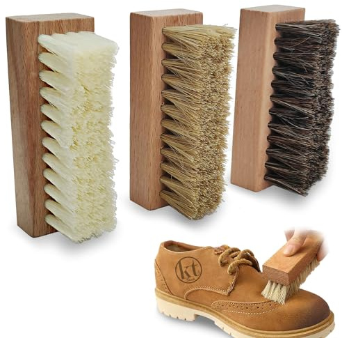 Shoe Cleaning Brush Set of 3 Brushes with Nylon, Boar and Horsehair Bristles, Wooden Sneaker Cleaner Brush for Leather, Suede, Canvas, Textile, Bags and Accessories