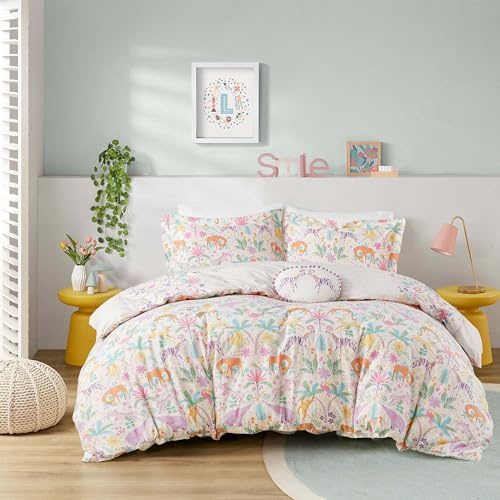 Intelligent Design Kids Cotton Queen Duvet Cover Set, Jungle Animals Fun Safari Adventures, Cotton Comforter Cover, All Sasons Bedding Reversible Duvet, Sham & Pillow, Lulu, Full/Queen Purple 4 Piece
