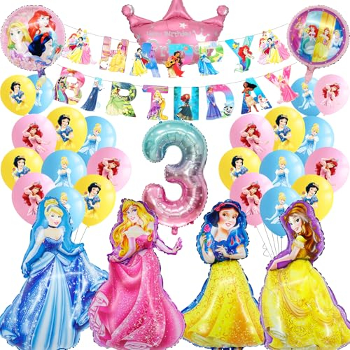 Prinzessin Luftballons Geburtstag Deko 3 Jahre Mädchen- Prinzessinnen Geburtstagsdeko 3 Jahr Princess Ballon Deko 3. Geburtstag Folienballons Birthday Banner für Kindergeburtstag Party Ballons Deko