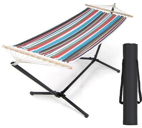 COSTWAY Hamaca con Soporte, Bolsa de Transporte, Soporte con Hamaca Portátil 210x100 cm, Amaca Exteriores Jardín Terraza, Máximo 150 Kg, Multicolor