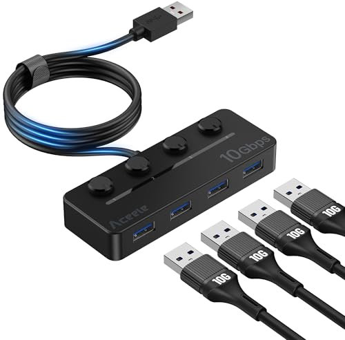 Aceele Hub USB 3.2 Gen 2, USB A Hub con Interruptores Individuales, 10Gbps Ladron Datos de Alimentación con 120cm Cable Largo para MacBook, Unidad Flash, Disco Duro, iMac, XPS, PC, Portátil y Más