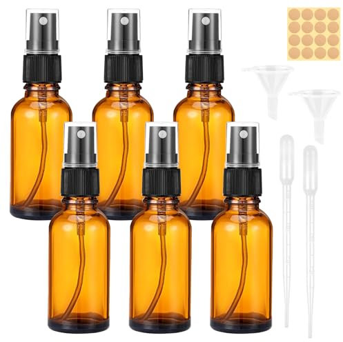 Maxmoc 30ml Braunglas Sprühflasche, 6 Stück Sprühflasche Klein Glas, Nachfüllbar Zerstäuber Sprühflasche mit Trichte, Tropferr und Etiketten für Wasser Alkohol Kosmetik Parfüm Aromatherapie