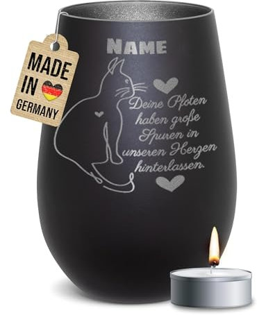 PR Print Royal Trauer Windlicht mit Gravur für Katzen - Spuren im Herzen - mit Name - Erinnerungslicht, Gedenklicht, Trauergeschenk | inkl. Teelicht, 450 ml, Schwarz/Silber
