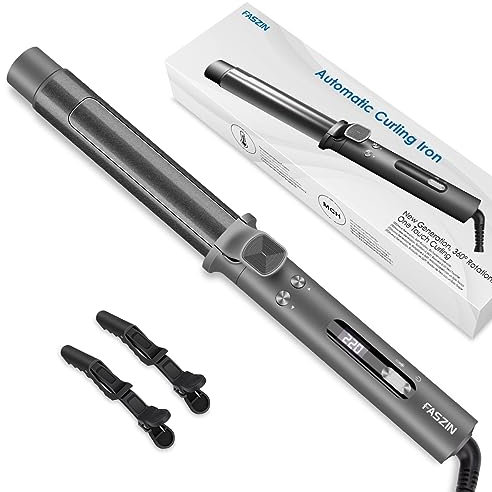 Faszin Hair Curler Curling Wand, Newbie One-Touch Automatic Curling Iron for Long Hair & Short Hair, Professional 32mm Rotating Beach Waver Curling Tongs with LCD Display&5 Adjustable Temper-Pewter