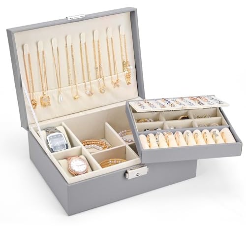 Sofore Portagioie Donna Porta Gioie Portagioie Bambina Grande Porta Gioielli Bambina a 2 Strati in Pelle PU Portagioie Donna da Camera Organizer Gioielli Storing Jewelry Earrings Anelli, Grigio Scuro