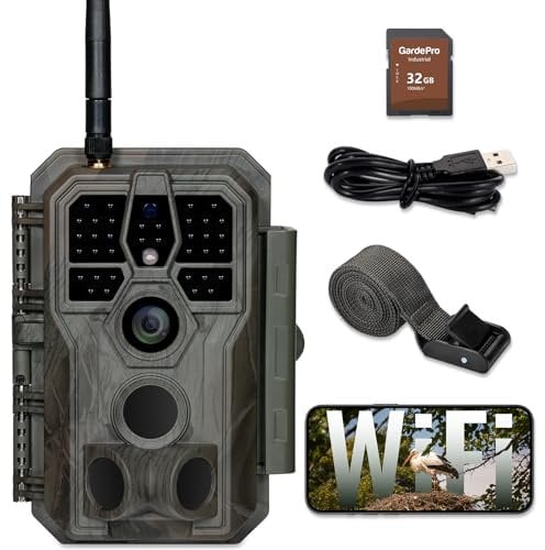 GardePro E8 Wildkamera WLAN mit 32 GB SD-Karte, 64MP H.264 1296P Video, 27m Infrarot Nachtsicht Bewegungsmelder Wildtierkamera WiFi Handyübertragung, 0,1s Schnelle Trigger, IP66